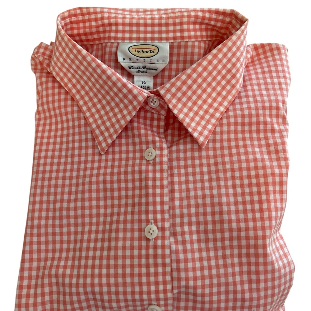 Talbot’s P14 Melon & White Checkered Button Down Wrinkle Resistant Blouse